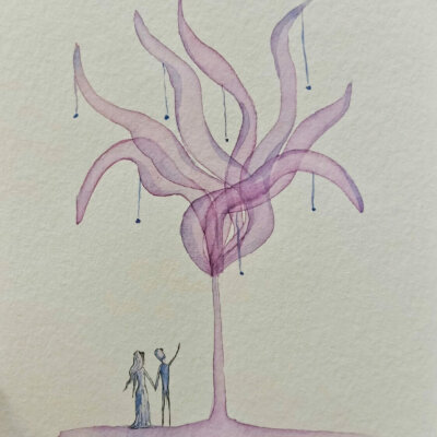 Promenade de couple vers une Fleur géante