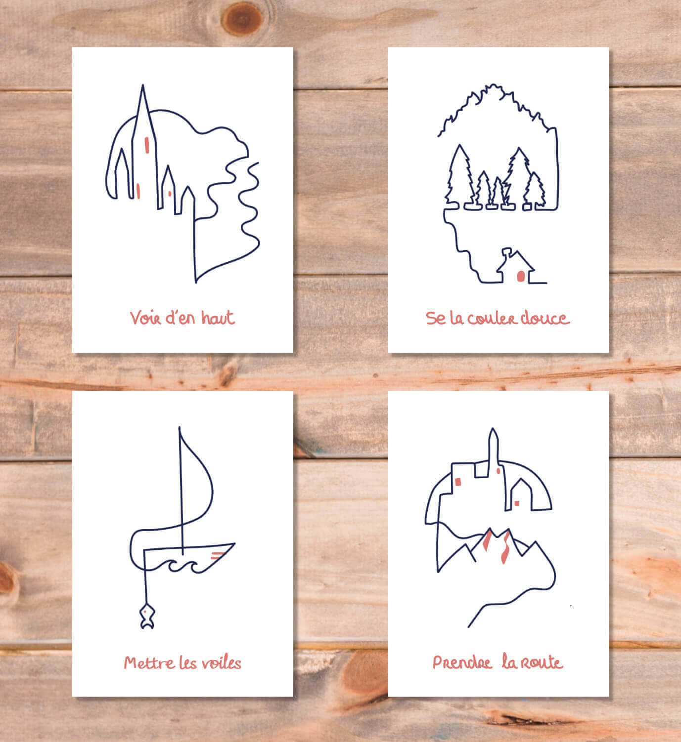 Lot de 4 cartes minimalistes qui incitent au voyage