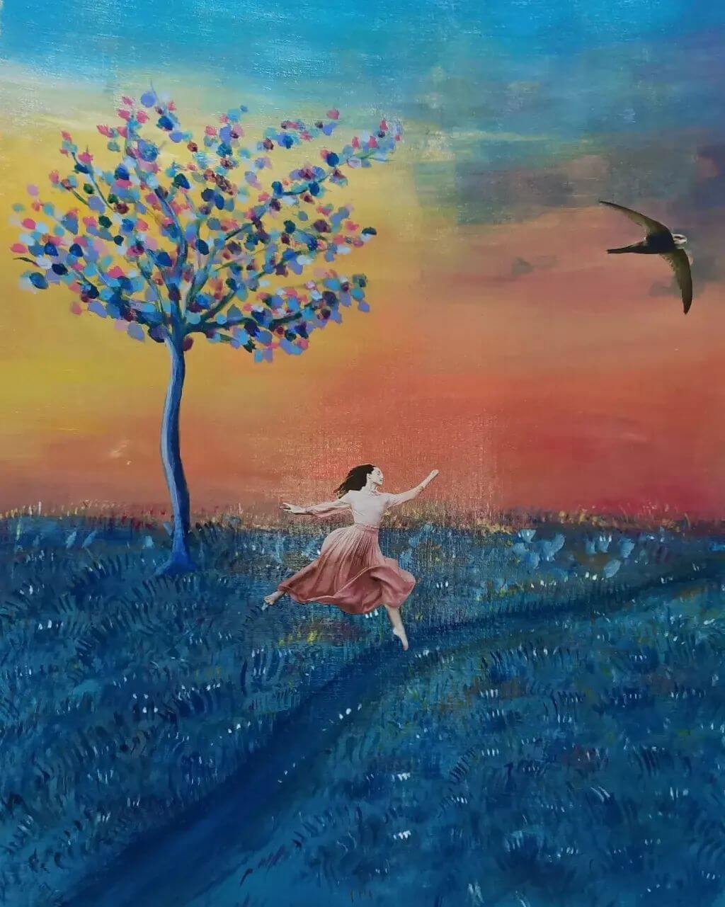 Chasing birds at twilight - 30 × 40cm