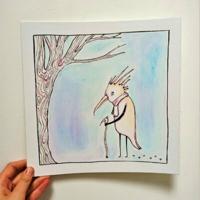 Maître corbeau sous son arbre penché - 27x27cm