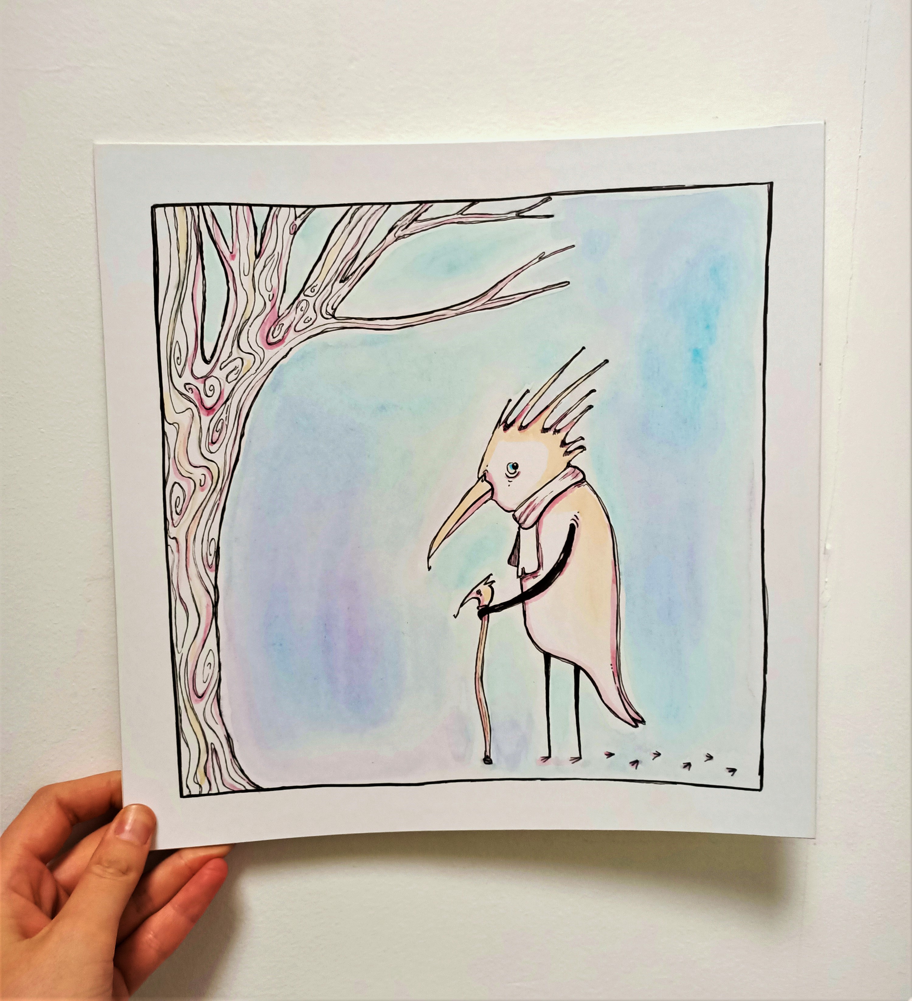 Maître corbeau sous son arbre penché - 27x27cm